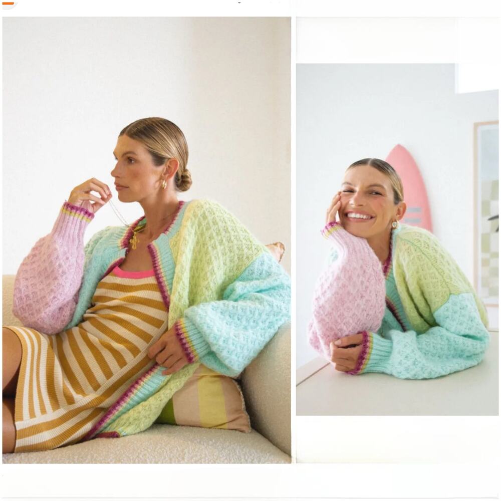 VRG GRL City of Money Pastel Chunky Knit Cardigan Wool Blend Small Oversized - Picture 9 of 9